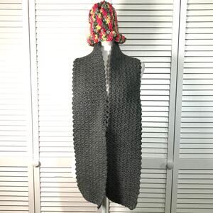 NWT Handmade Crocheted Gray Multicolor Textured Beanie & Scarf 64”